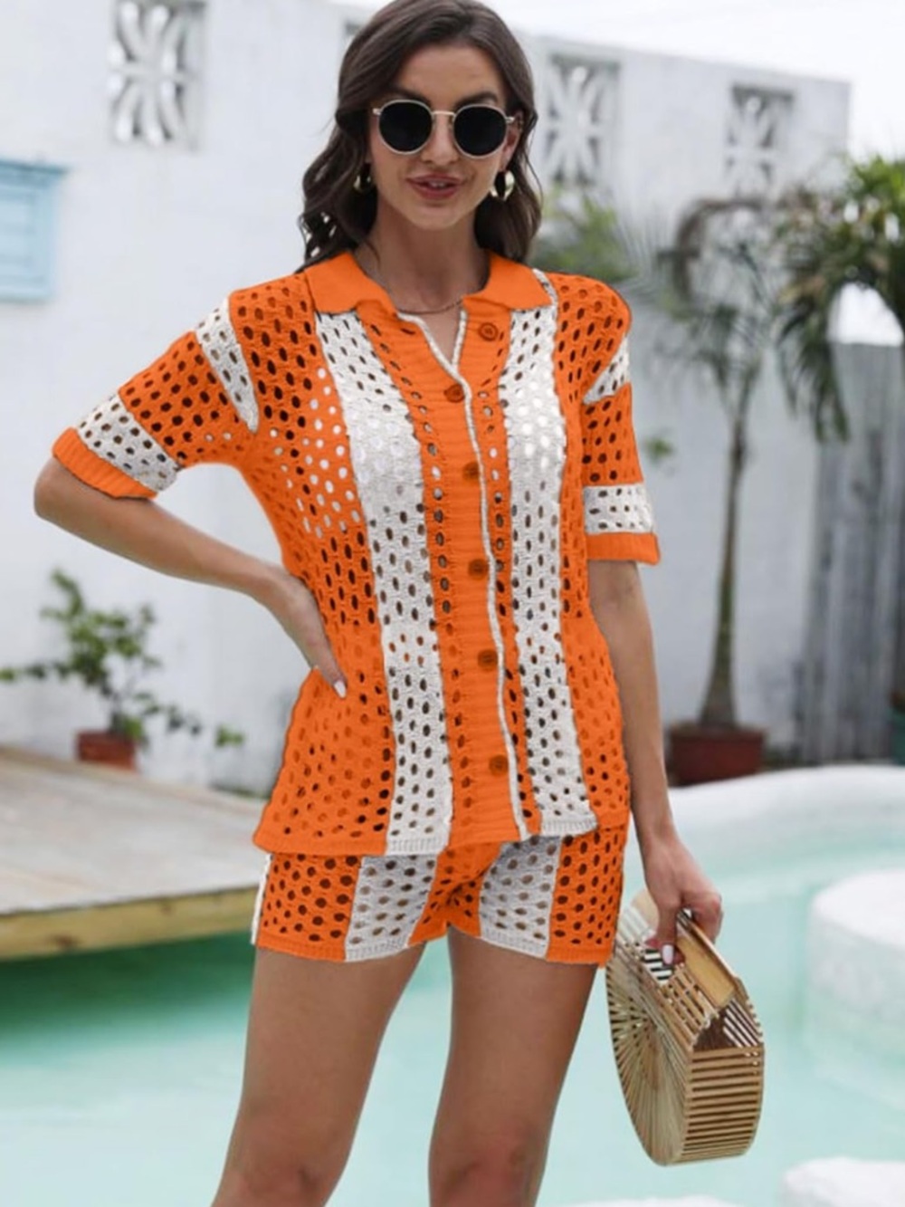 Women’s Orange & White Crochet Swim Cover-Up Set
